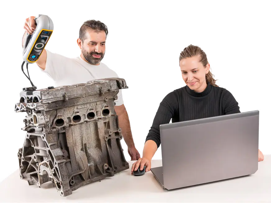 Equipo utilizando Peel 3D para digitalizar un componente industrial