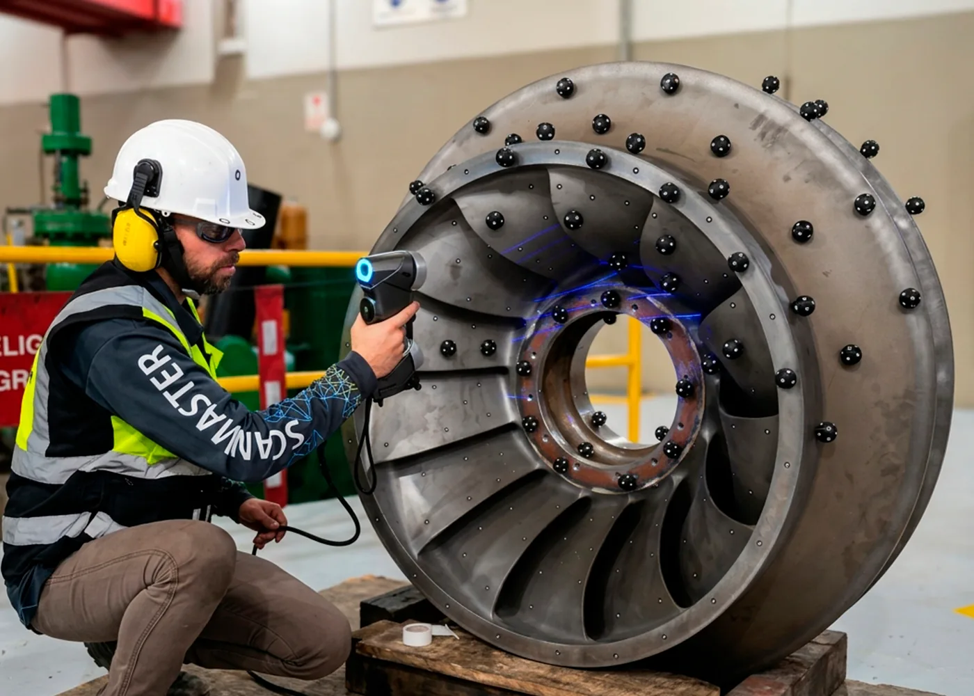 Especialista realizando escaneo 3D de un componente industrial